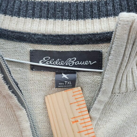 Eddie Bauer Mens Beige Gray Cotton 1/4 Zip Sweater TXL Long Sleeve Casual Pullov - Picture 3 of 6